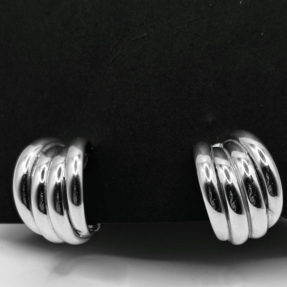 Vintage Italy 925 Sterling Silver Ribbed Shrimp Hoop Clip On Earrings